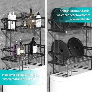 over Toilet Shower Caddy Storage Basket Shelf, 2 Tier Bathroom Storage Organizer, Free Standing Restroom Organizers for Paper Towels Shampoo, with Adhesive Base and Hooks, Space Saver