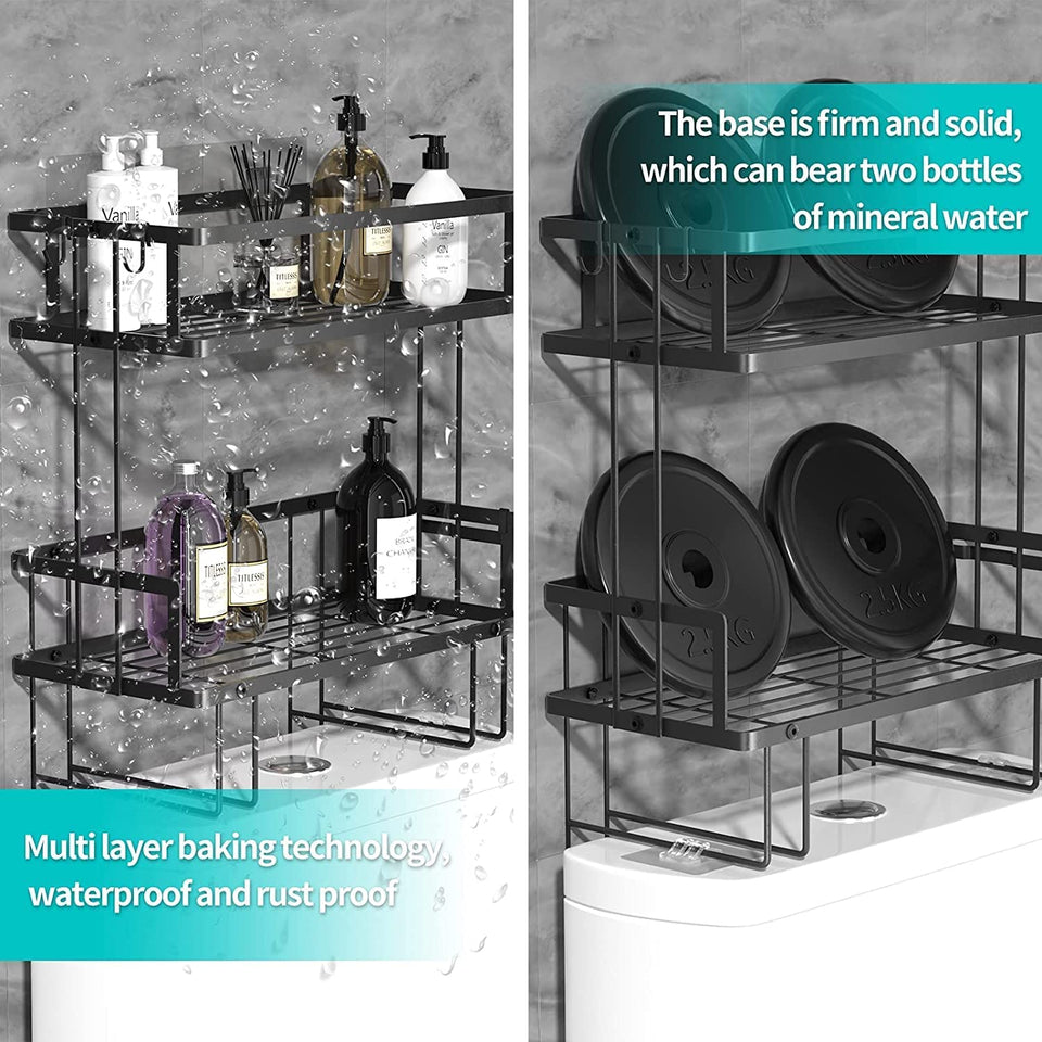over Toilet Shower Caddy Storage Basket Shelf, 2 Tier Bathroom Storage Organizer, Free Standing Restroom Organizers for Paper Towels Shampoo, with Adhesive Base and Hooks, Space Saver
