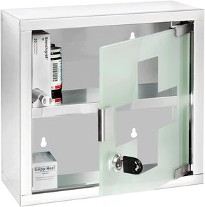 Medicine Cabinet with Lock, Wall Mounted Bathroom Storage, Hanging Medical Cabinet, First Aid Wall Cabinet with Safety Glass Door, Modern, Small, 9.8 X 9.8 X 4.7 In, Silver Shiny