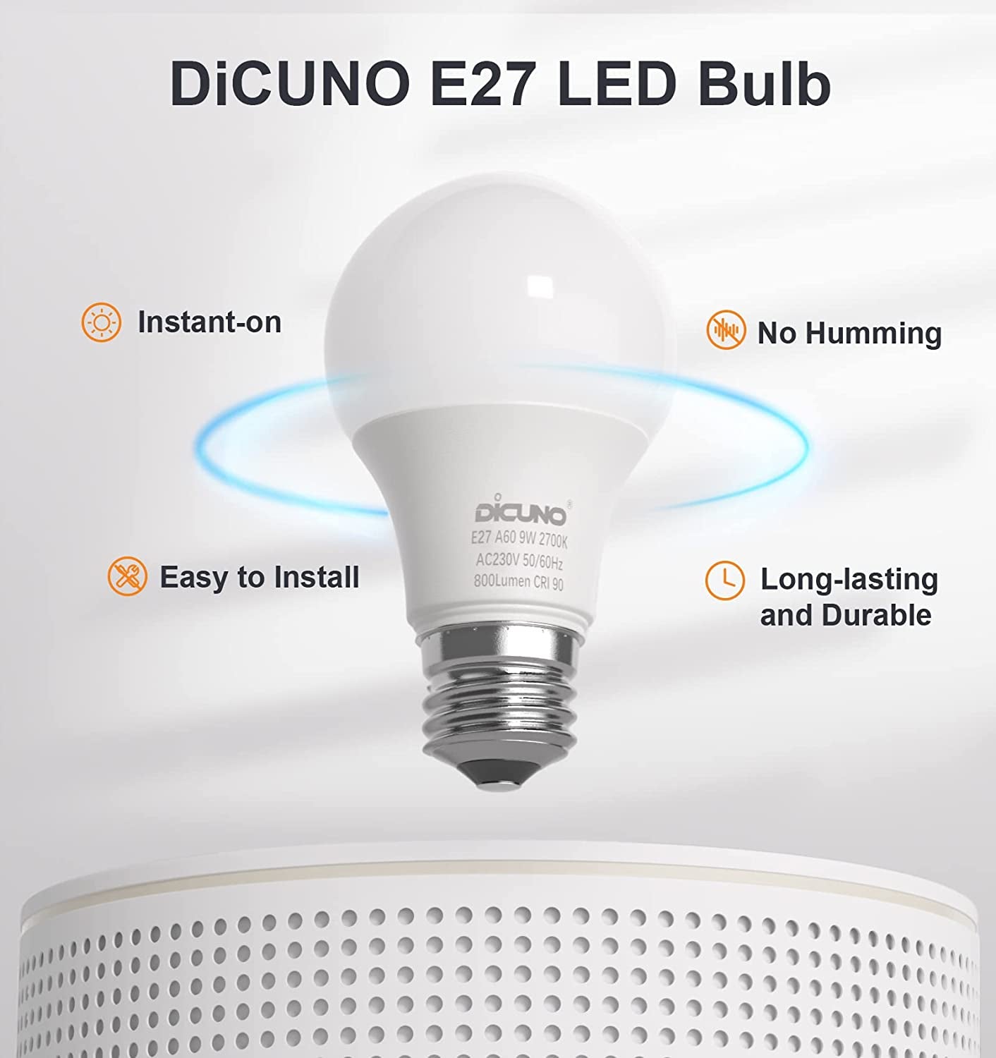 E27 Bulb, LED Light Bulb, 9W Equivalent to 60W Incandescent, Warm White White 2700K, 806LM, CRI 90, A60 Edison Screw, Non-Dimmable, Energy Saving E27 Bulbs for Lamp, Pack of 6