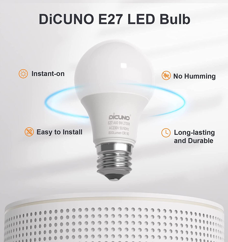 E27 Bulb, LED Light Bulb, 9W Equivalent to 60W Incandescent, Warm White White 2700K, 806LM, CRI 90, A60 Edison Screw, Non-Dimmable, Energy Saving E27 Bulbs for Lamp, Pack of 6
