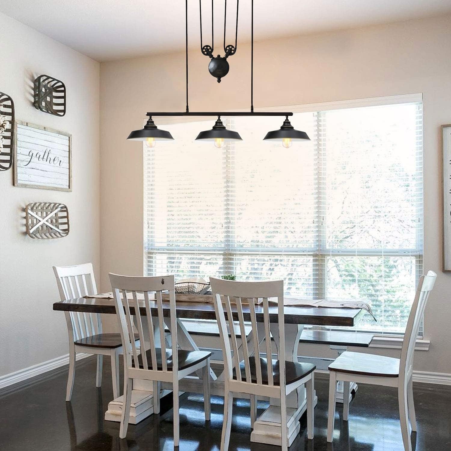 3-Light Pulley Pendant Light,Rustic Kitchen Island Lights with Metal Shades,Adjustable Hanging Height,Industrial Vintage Ceiling Lights Fixture for Dinner Room Farmhouse Bar