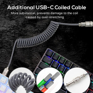 RK61 60% Mechanical Keyboard with Coiled Cable, 2.4Ghz/Bluetooth/Wired, Wireless Bluetooth Mini Keyboard 61 Keys, RGB Hot Swappable Brown Switch Gaming Keyboard with Software - White