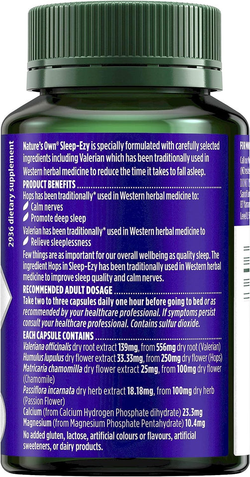 Sleep Ezy with Chamomile, Hops + Valerian - Traditionally Used in Western Herbal Medicine to Relieve Sleeplessness, 100 Capsules