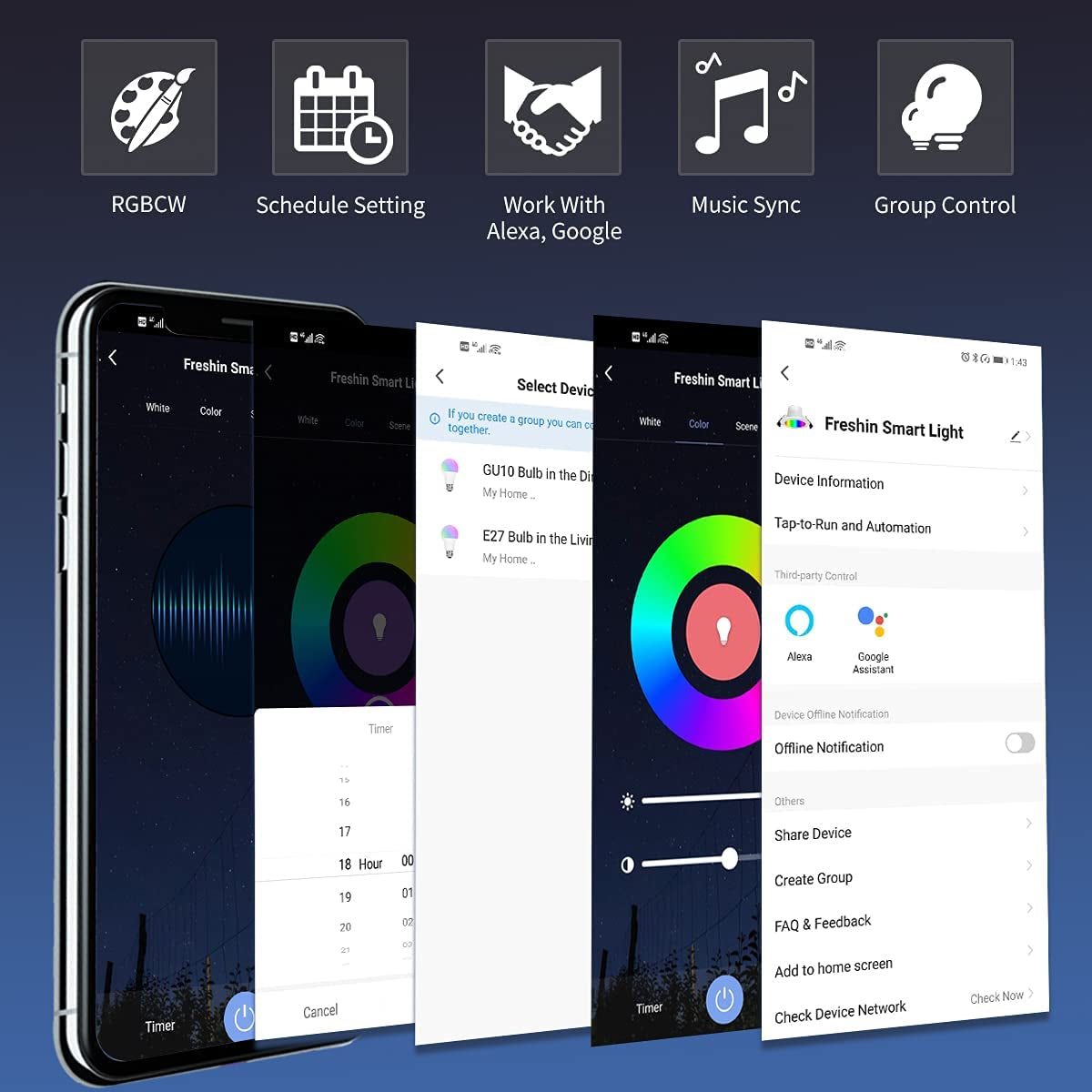 Smart Light Bulbs  E27 A60 9W RGBCW Wifi Light Bulb, Dimmable Led Light, 2.4Ghz Only, Compatible with Alexa ,Google Home No Hub Required (1 Pack)