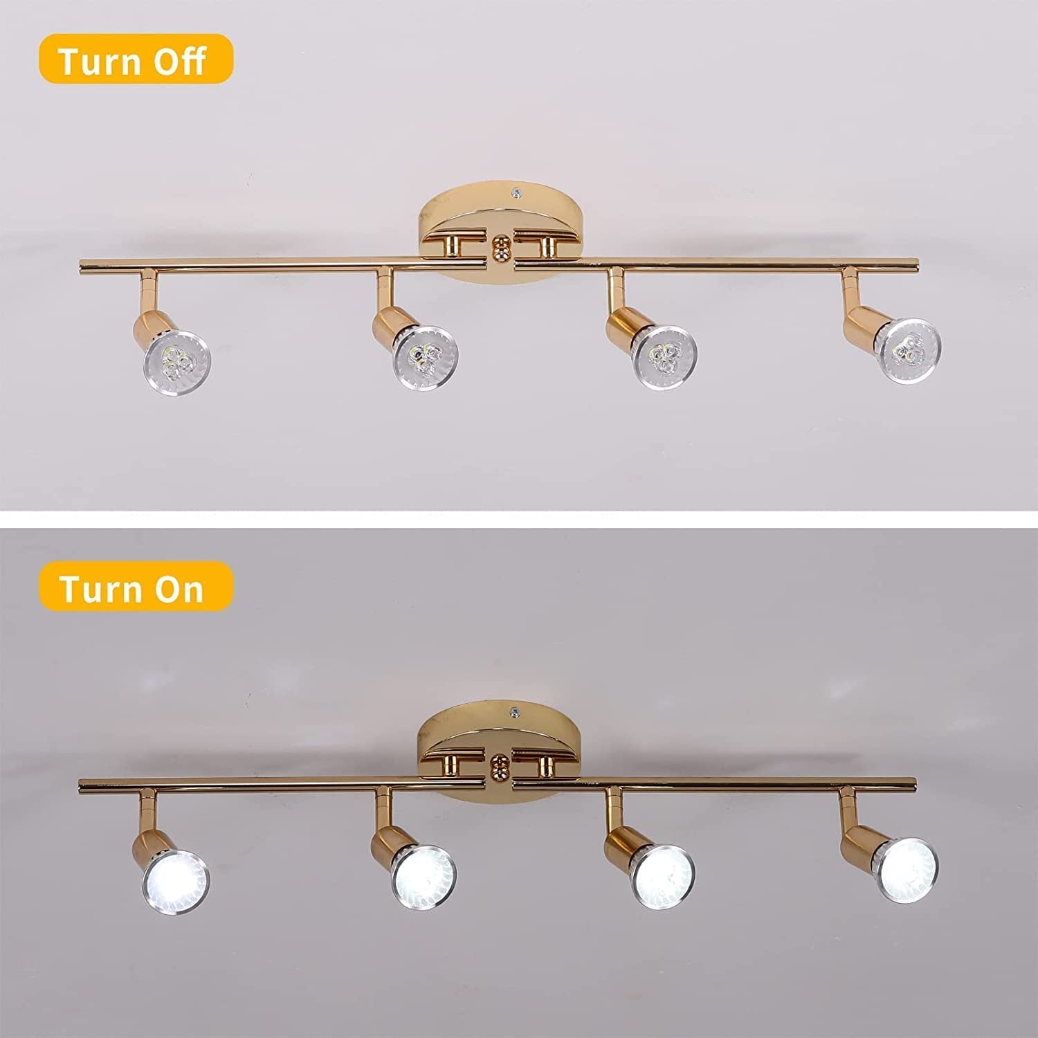 Modern 4-Light Track Lighting Kit, Flush Mount Wall/Ceiling Spot Lights Fixture, LED Track Light with Gold Flexibly Rotatable Light Head for Kitchen Living Room, 4×GU10 Bulb (Included)