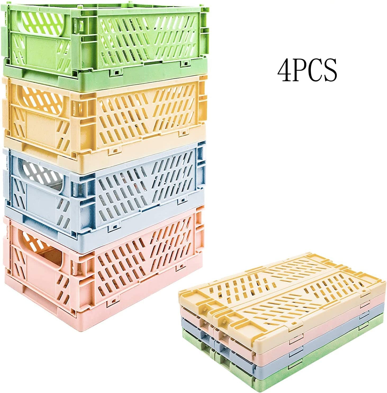 Mini Baskets Plastic for Shelf Home Kitchen Storage Bin Organizer,Stacking Folding Storage Baskets for Classroom Bedroom Bathroom Office 4-Pack