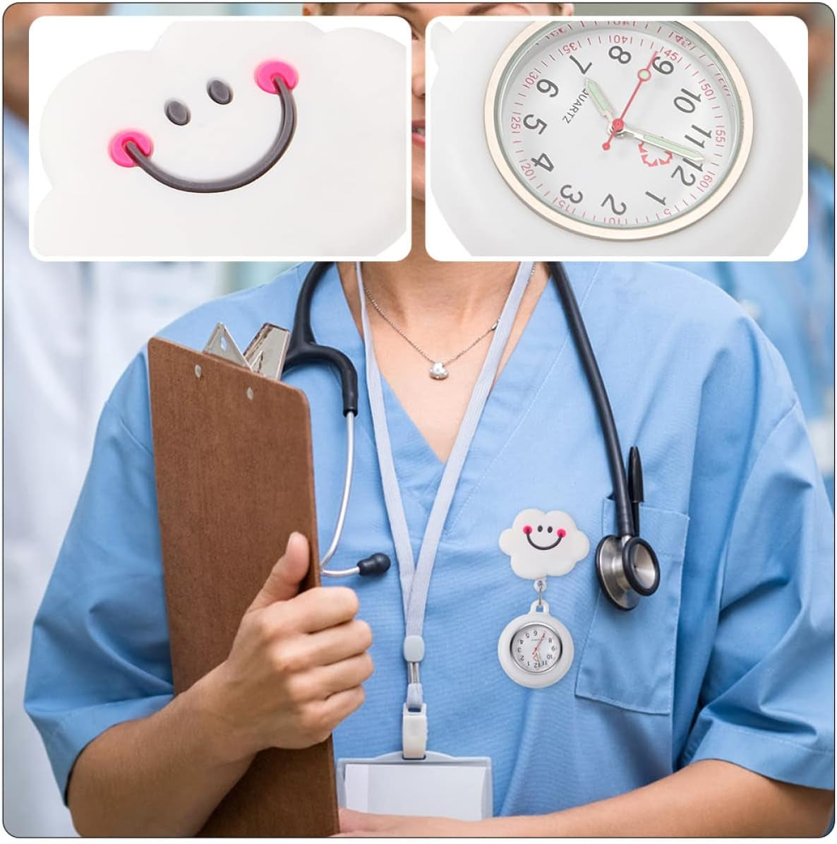 2Pcs Portable & White Nurses Silicone Girls Clip- Watches and for Badge Gift Lapel Cat Girl Clip-On Retractable Adorable Pattern Shaped Potable Hanging Cloud Nurse Fashionable