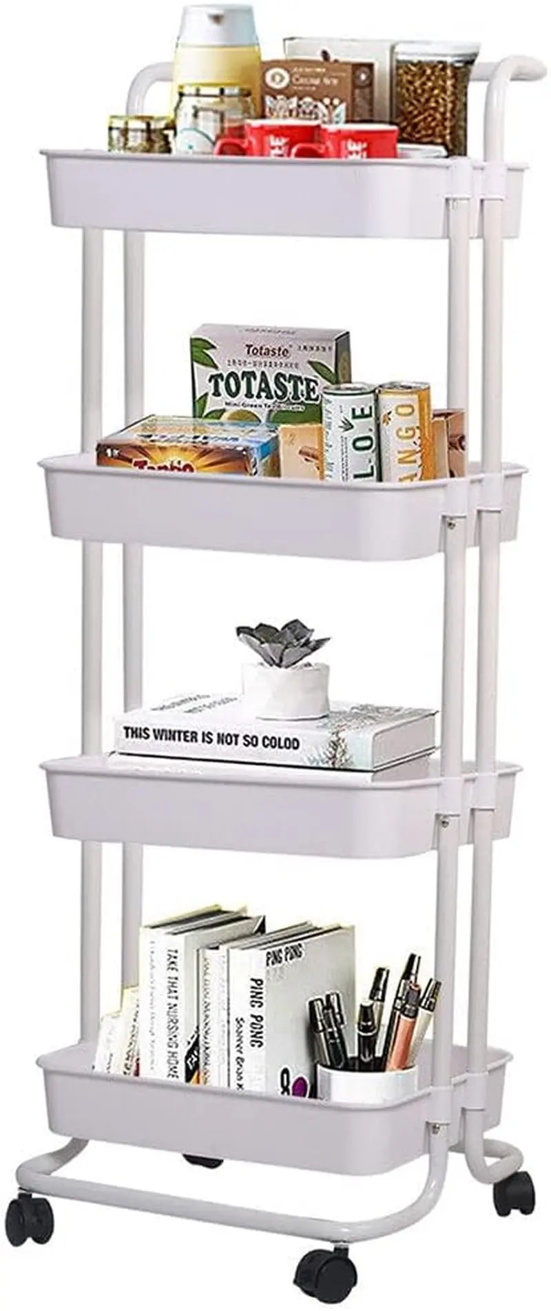 4 Tier Organizer Kitchen Moving Island with Wheels,Spice Rack Organizer with Handle Trolley,Pantry Organizer Shelf Storage Rack,Bathroom Laundry Trolley - White