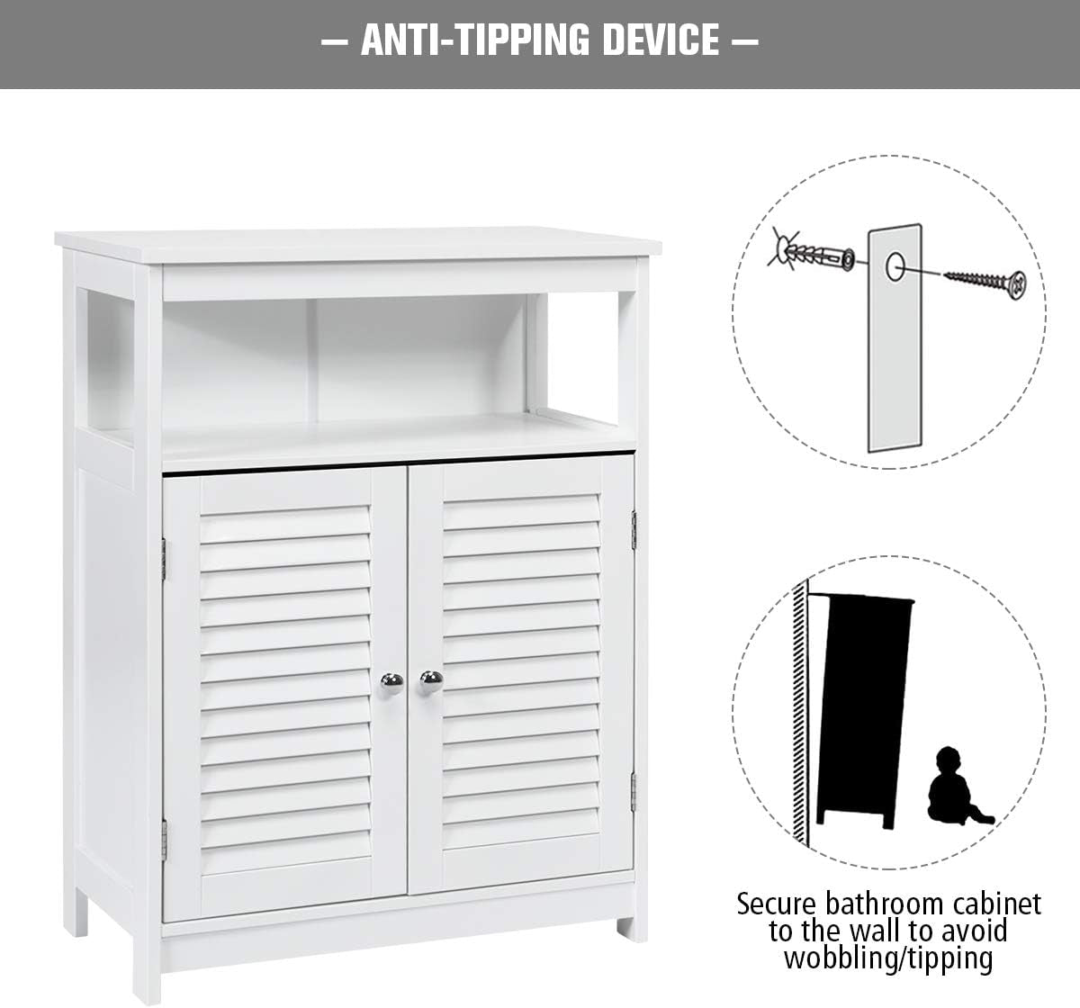 Bathroom Floor Cabinet, Wooden Storage Cabinet with Double Shutter Door & Adjustable Shelf, Freestanding Toilet Organiser, Side Table for Bathroom Living Room Bedroom, Laundry Cupboard, White/Grey (White)