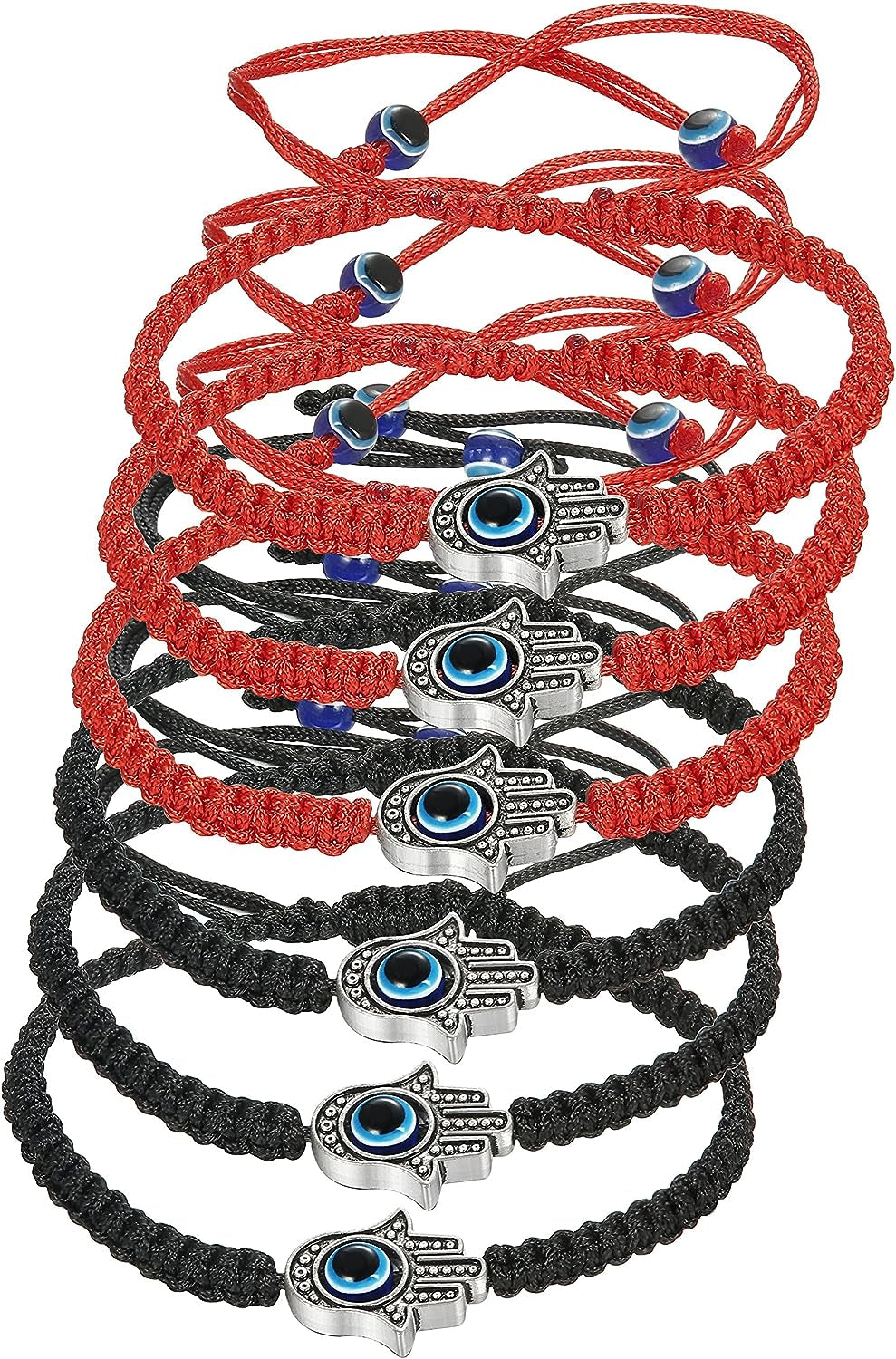 6Pcs Braided String Kabbalah Bracelets Rotating Evil Eye Hamsa Hand for Protection Bracelet Red/Black String