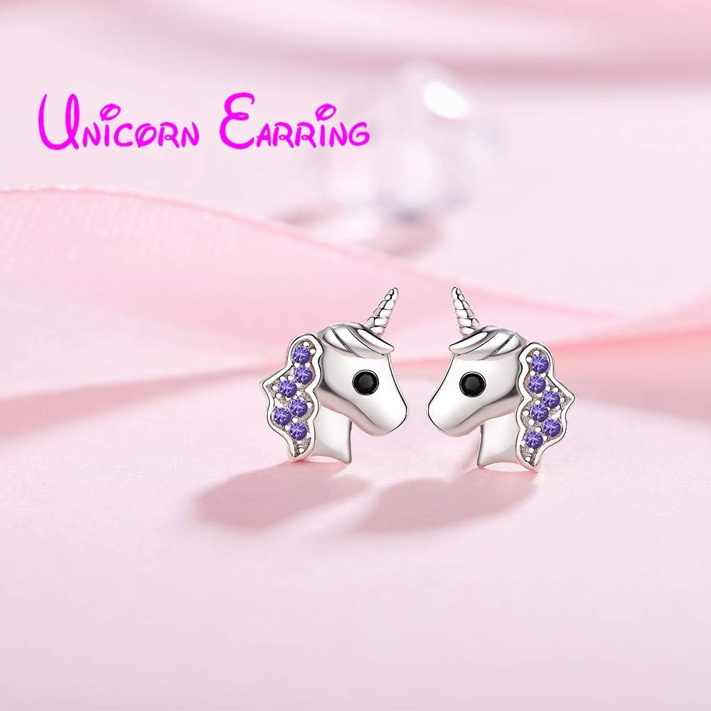 Unicorn Stud Earrings Hypoallergenic 925 Silver Light Pink Sparkling with Zircon for Little Girls Kids Jewelry Birthday Party
