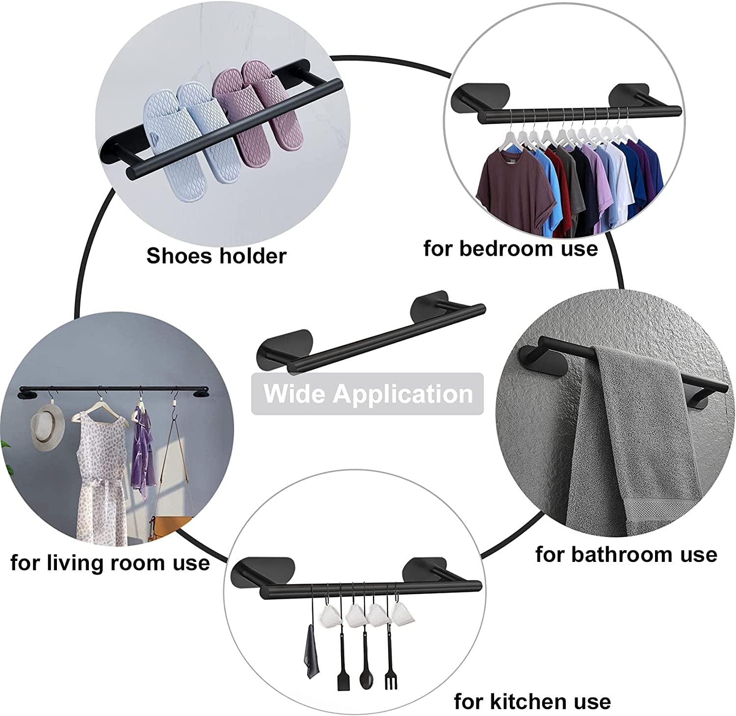 Adhesive Towel Bar,Bath Towel Bars/15.7-Inch Bathroom Towel Hanger Kitchen Storage Organizer SUS304 Stainless Steel Wall Mount (Black 5-Piece Set)