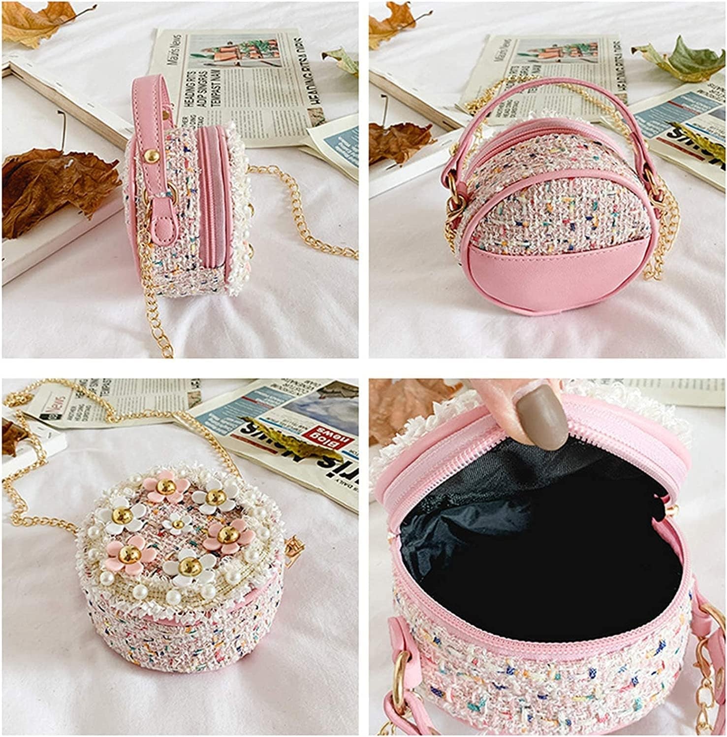 Forwe Little Girls Toddler Crossbody Purse with Pearl Flowers Mini Cute Princess Handbags Shoulder Chain Bag