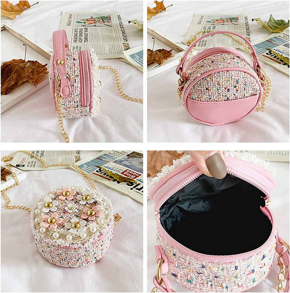Forwe Little Girls Toddler Crossbody Purse with Pearl Flowers Mini Cute Princess Handbags Shoulder Chain Bag