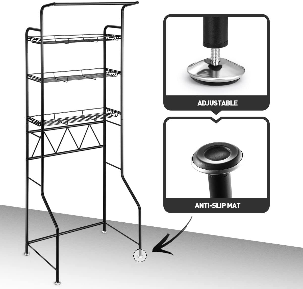 3-Tier over Toilet Washing Machine Shelf Steel Freestanding Bathroom Rack Laundry Shelf Storage Organizer
