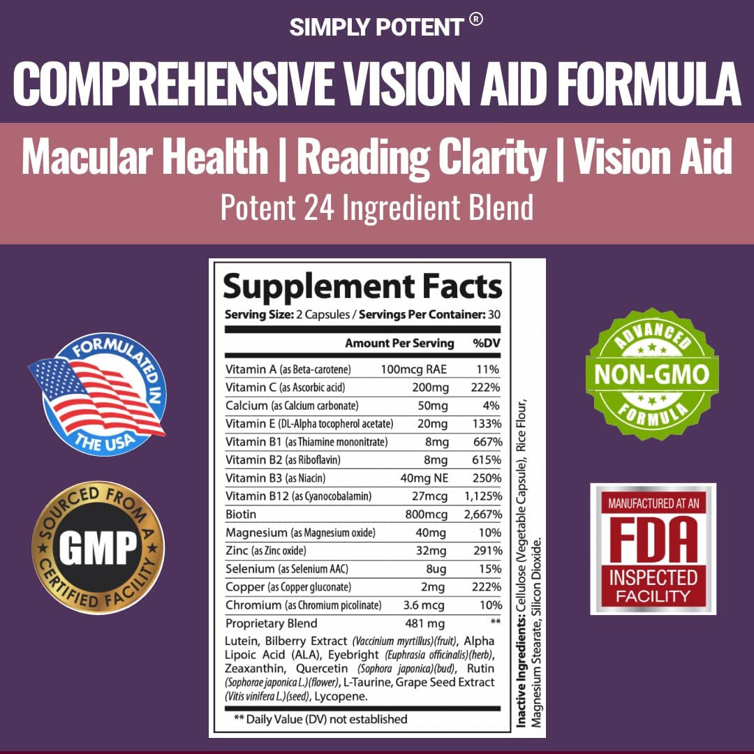 Eye and Vision Support for Adults, Lutein & Zeaxanthin Eye Health Supplements, Natural Eye Formula with Vitamin A, Zeaxanthin, Bilberry Extract for Eyebright & Lycopene Lens & Macular Support, 60 Ct