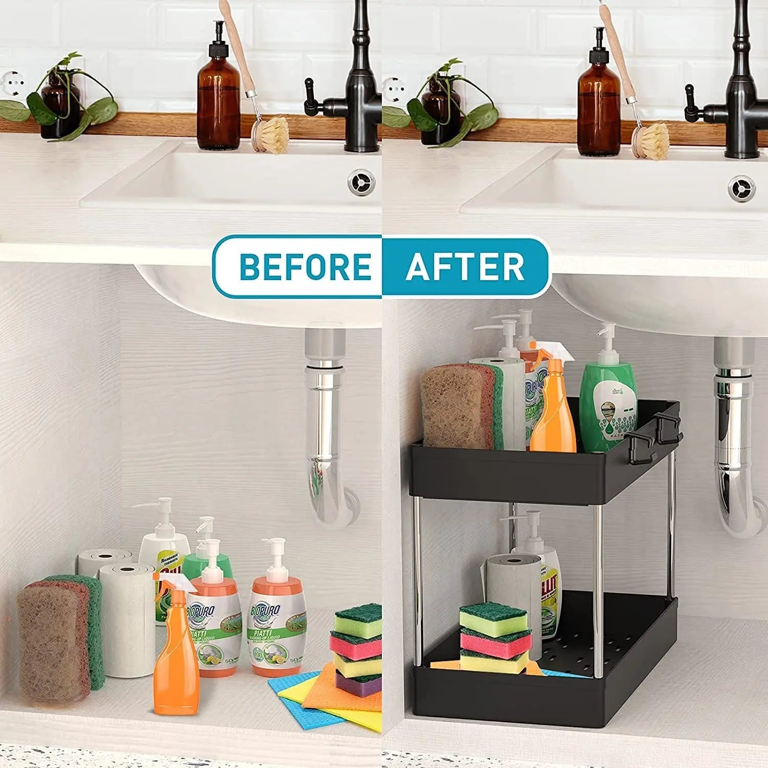 Under Sink Organizer- 2 Tier under Bathroom Sink Organizers Storage,Bath Collection Baskets with Hook, Black under Sink Shelf Organizer Rack,Multi-Purpose under Sink Storage for Bathroom Kitchen