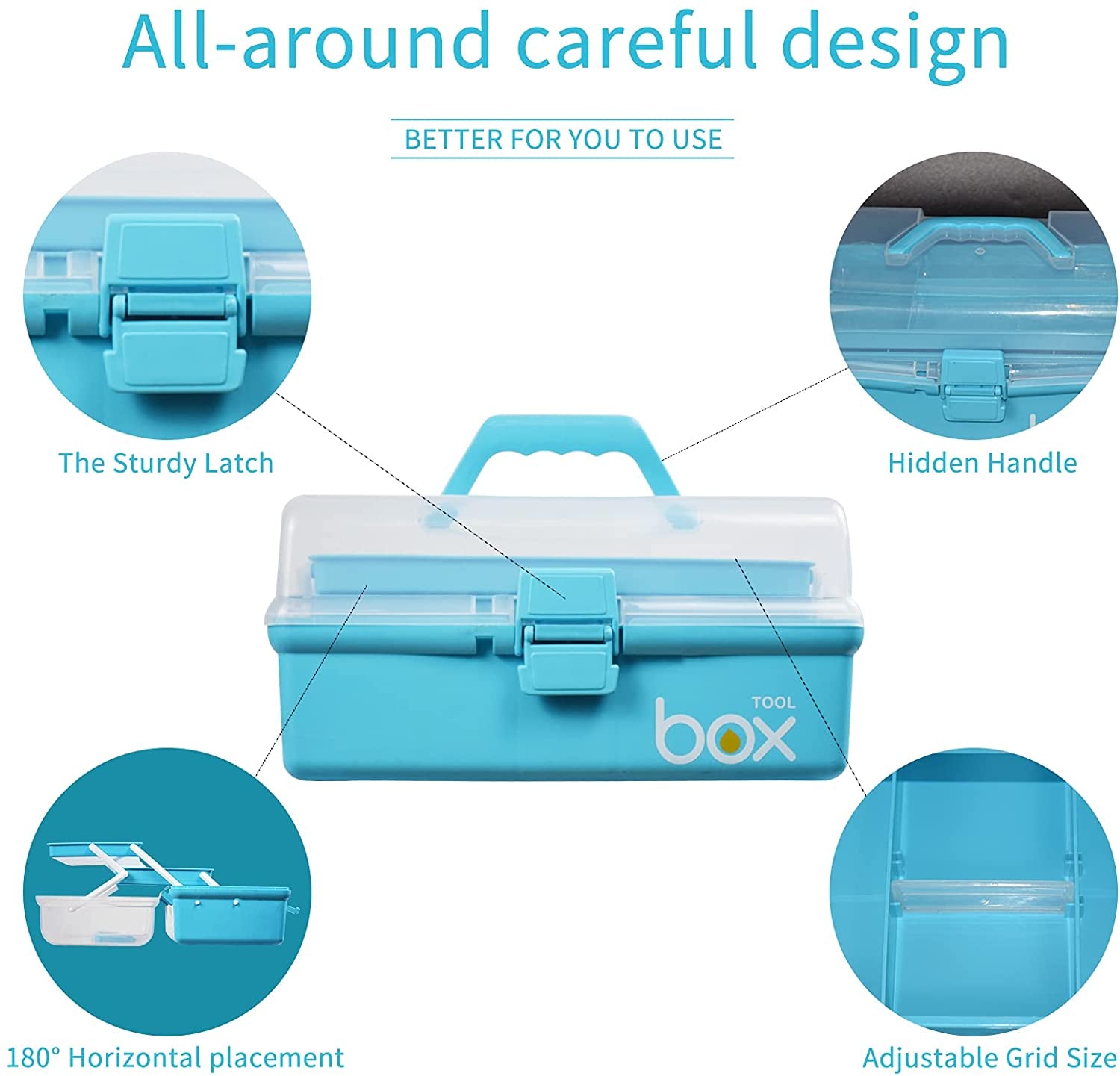 12In Three-Layer Multipurpose Storage Box Organizer Folding Tool Box/Art & Crafts Case/Sewing Supplies Organizer/Medicine Box/Family First Aid Box with 2 Trays (Blue)