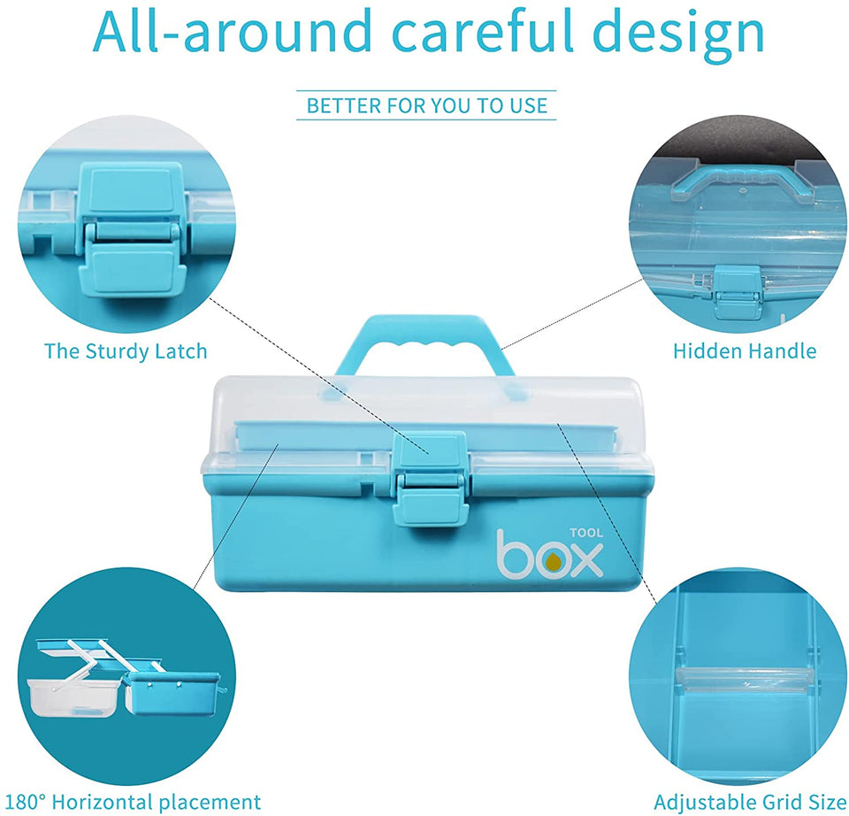 12In Three-Layer Multipurpose Storage Box Organizer Folding Tool Box/Art & Crafts Case/Sewing Supplies Organizer/Medicine Box/Family First Aid Box with 2 Trays (Blue)