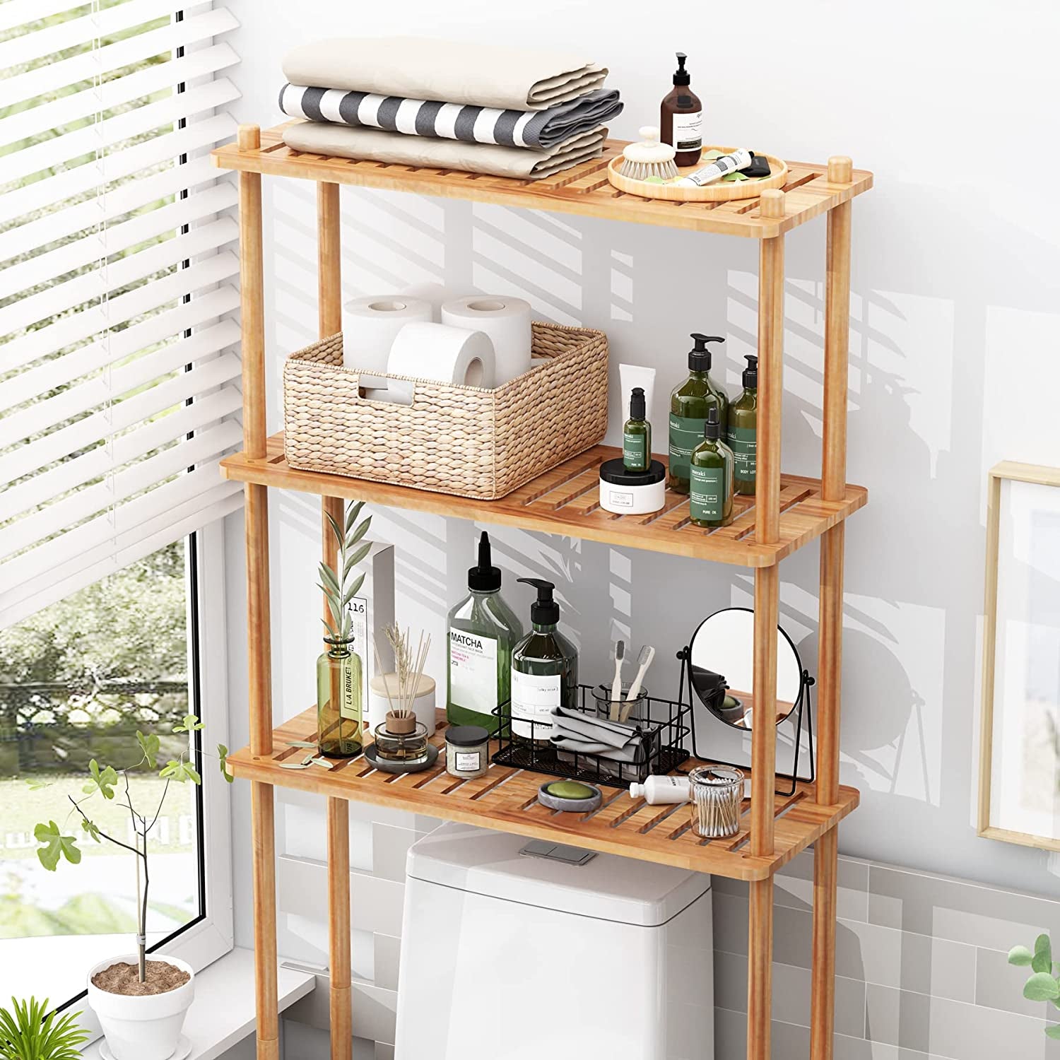 over the Toilet Storage Shelf Bamboo, 3-Tier over Toilet Organizer Rack, Freestanding above Toilet Shelf for Bathroom, Laundry, Space Saver, Natural Color