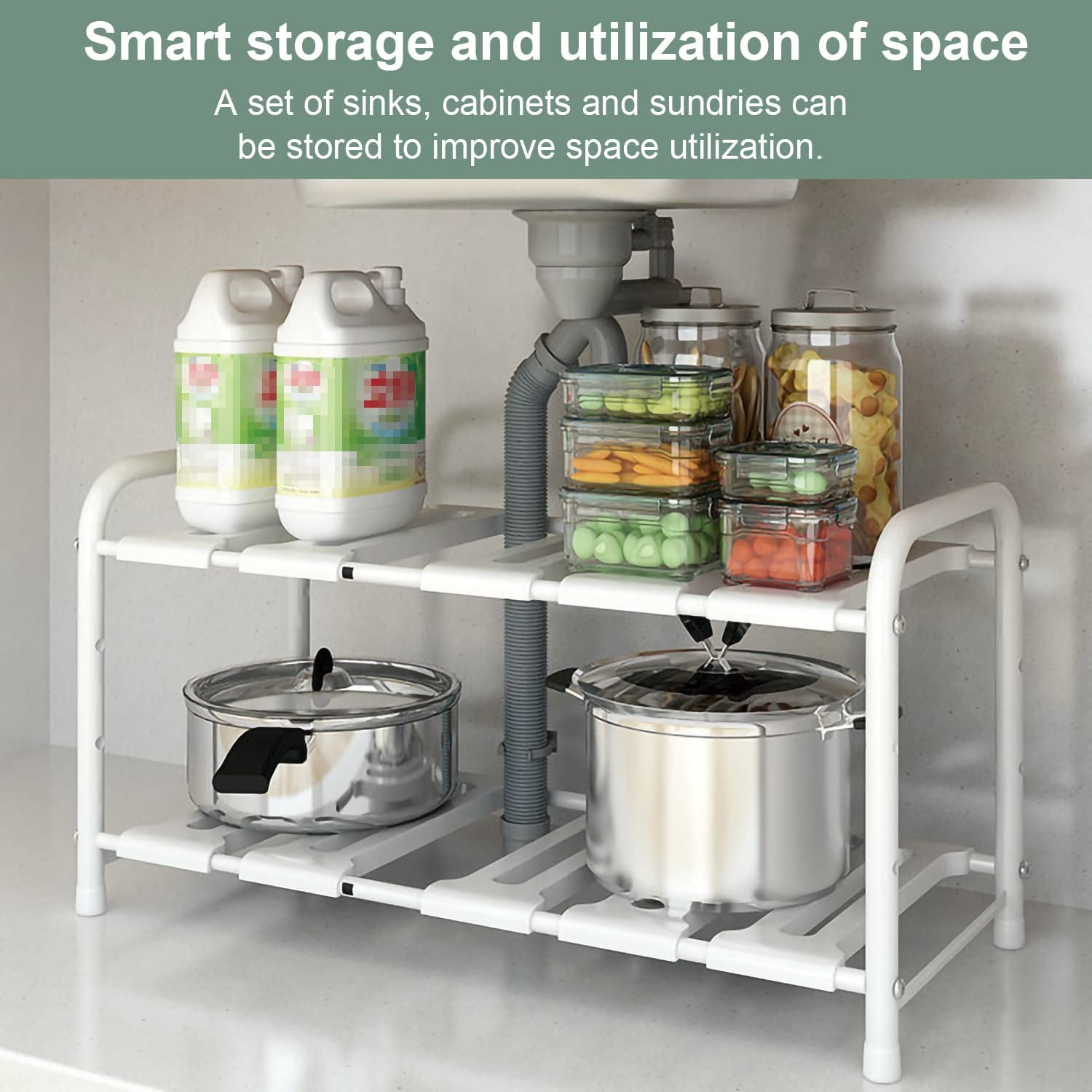 under Sink Shelf,2-Tier Adjustable and Expandable under Sink Organizer,Stainless Steel Sink Storage Rack,Multifunctional Drain Rack,Shelf for Kitchen,Pantry,Plates,Bathroom,Drawers and Cabinets (White)