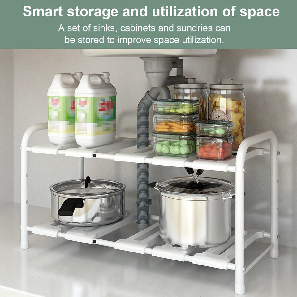 under Sink Shelf,2-Tier Adjustable and Expandable under Sink Organizer,Stainless Steel Sink Storage Rack,Multifunctional Drain Rack,Shelf for Kitchen,Pantry,Plates,Bathroom,Drawers and Cabinets (White)