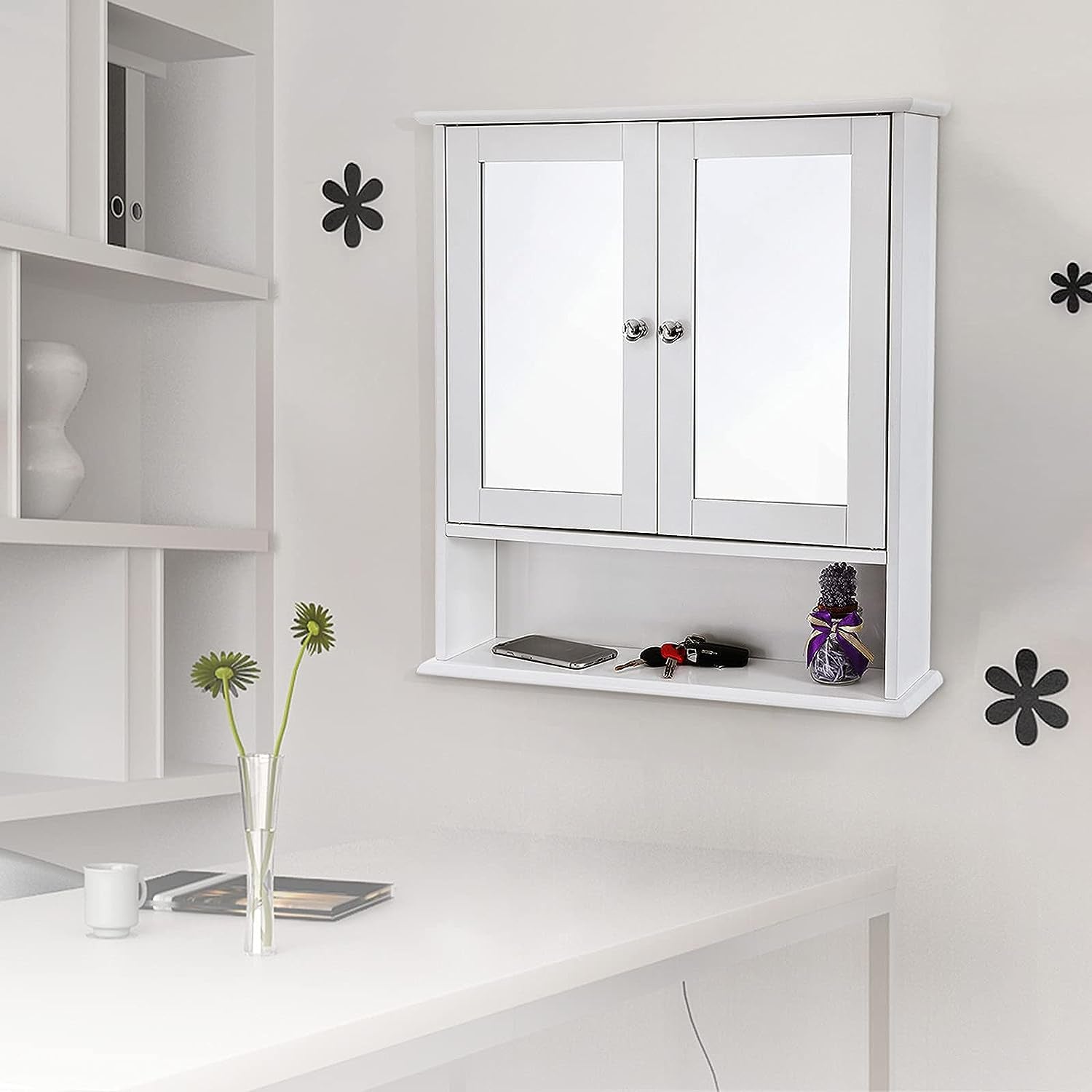 Double Mirror Doors Bathroom Cabinet, Wall Cabinet, Storage Cupboard, Wall-Mounted Storage Unit, Adjustable Height Shelves, 56 X 13 X 58 Cm, White LHC002