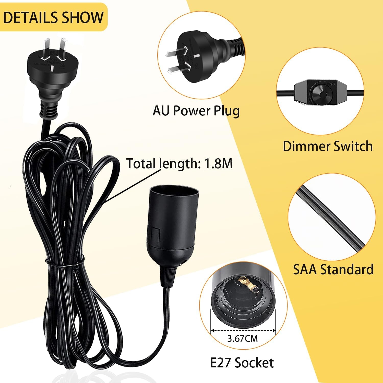 1.8M Hanging Lamp Cord AU Plug in Pendant Light Cord, E27 E26 Base Socket Dimmer Switch DIY Pendant Lamp Kit for Cafe, Bar, Restaurant, Office, Farmhouse Home, Kitchen, Bedroom(Bulb Not Included) (Black 2 Pack)