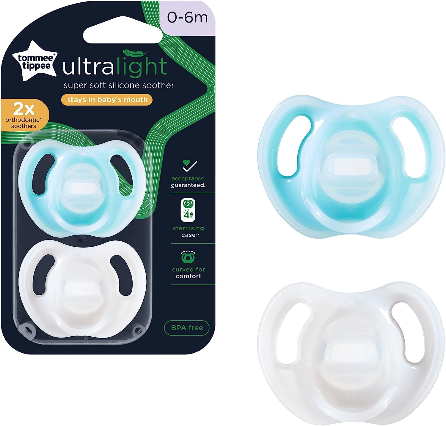 Ultra-Light Silicone Soother, Symmetrical Orthodontic Design, Bpa-Free, One-Piece Design, 0-6 Months, Pack of 2 Dummies, Assorted Colours, Colours & Designs May Vary