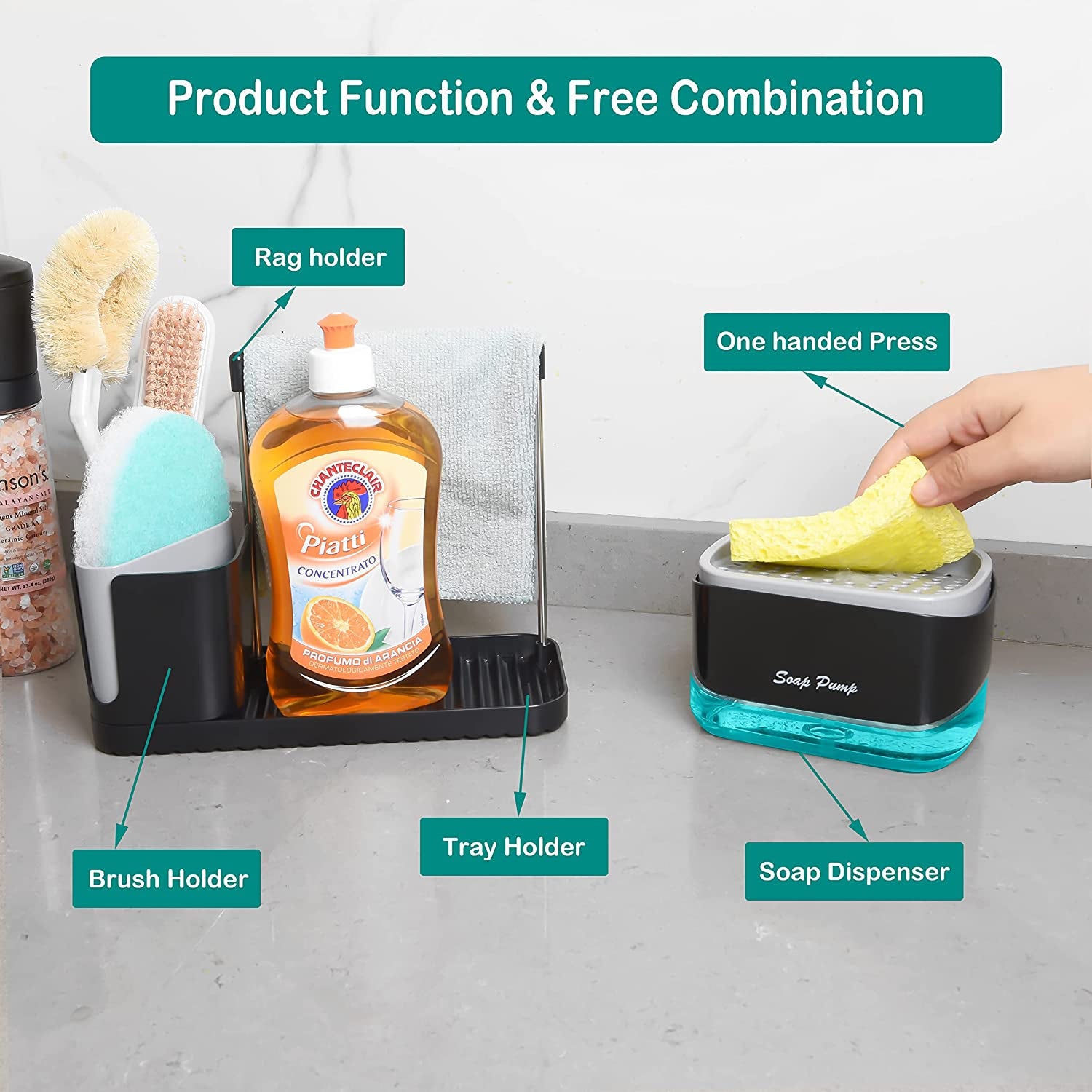 Kitchen Sink Organiser Caddy Set with Soap Pump Dispenser, Sponge Holder, Rack & Dish Brush Holder, Kitchen Storage Organizer Gadgets