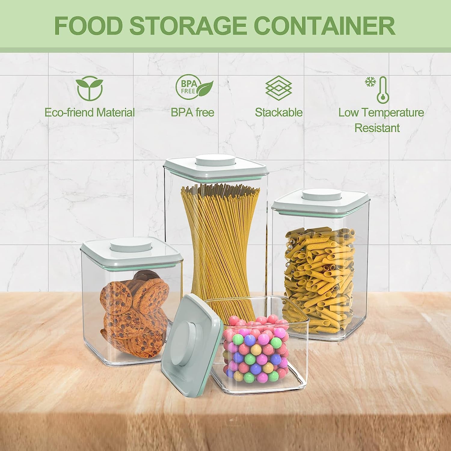 Airtight Food Storage Container, 4 Pcs Clear Plastic Kitchen Canisters Set with Pop up Airtight Lids for Bulk Food Cereal Candies Cookies Coffee Nuts Sugar Pet Food Storage
