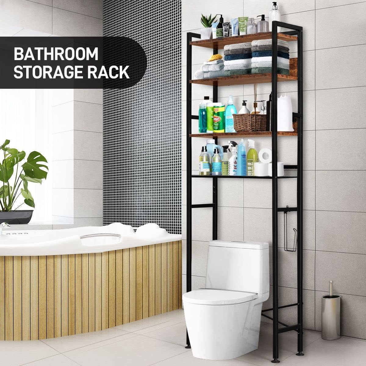 4 Tier Bathroom Shelf Rack over Toilet Washing Machine Laundry Towel Organiser Shelves Space Saver Freestanding Unit Storage Industrial Style 60X24X175Cm