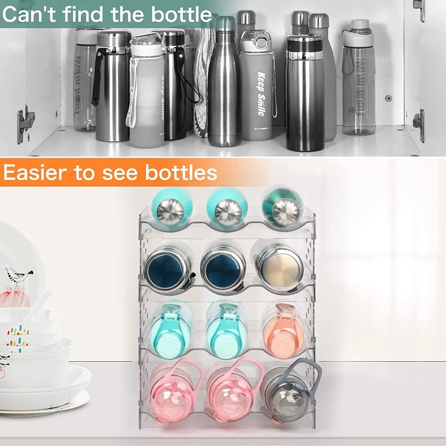Water Bottle Organizer for Cabinet, 2 Pack Stackable Kitchen Pantry Organization and Storage Shelf, Plastic Water Bottle Holder for Fridge Kitchen Cabinet Organizer and Storage (Clear - 2)