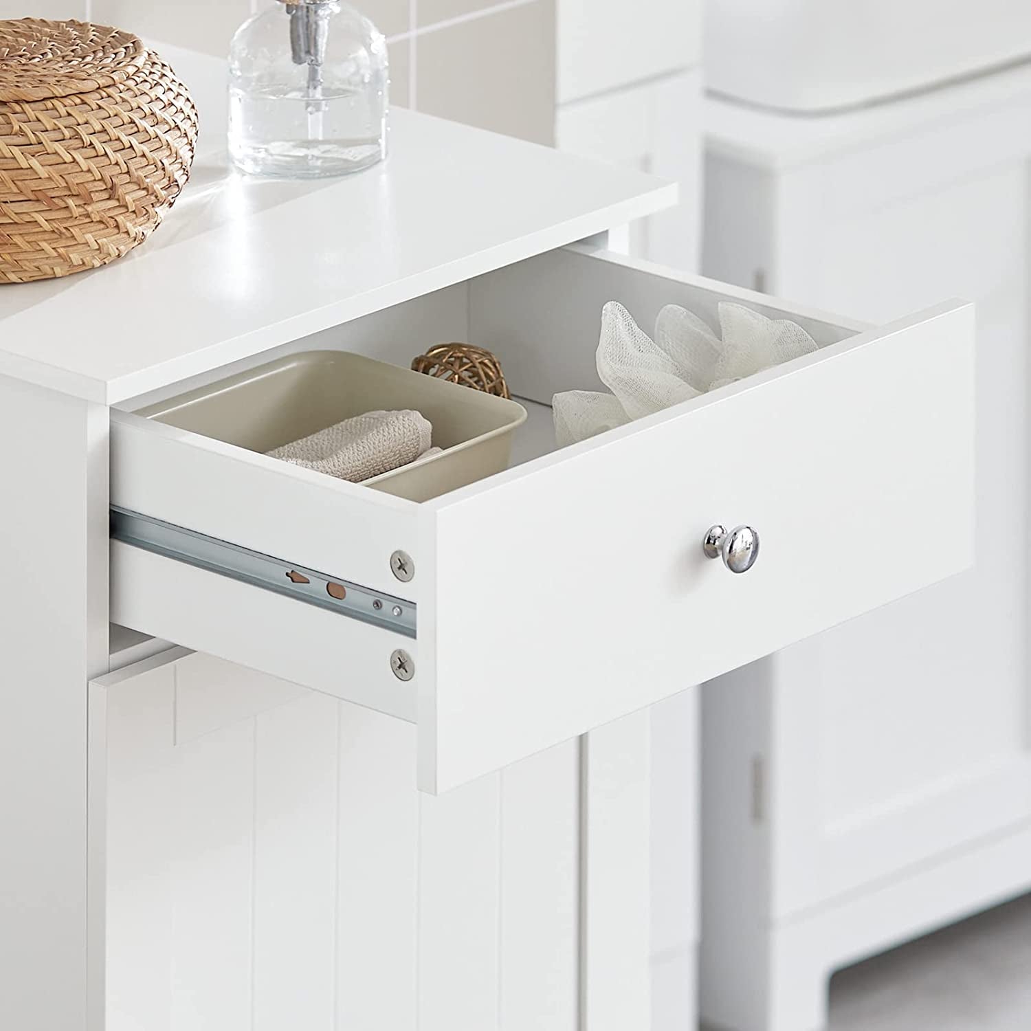 White Laundry Cabinet with Basket and Drawer, Tilt-Out Laundry Hamper, Storage Cabinet, BZR21-W