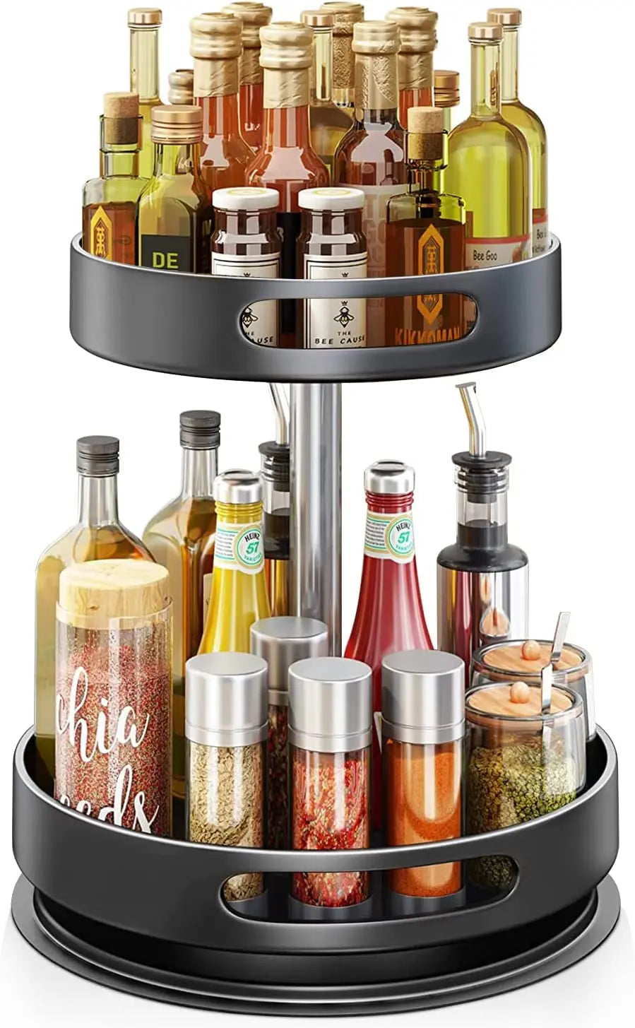 2 Tier Lazy Susan 360° Turntable Kitchen Spice Storage Organizer Rack, Height Adjustable Rotating Tray for Kitchen Cabinet Pantry Bathroom, Condiments Storage Rack