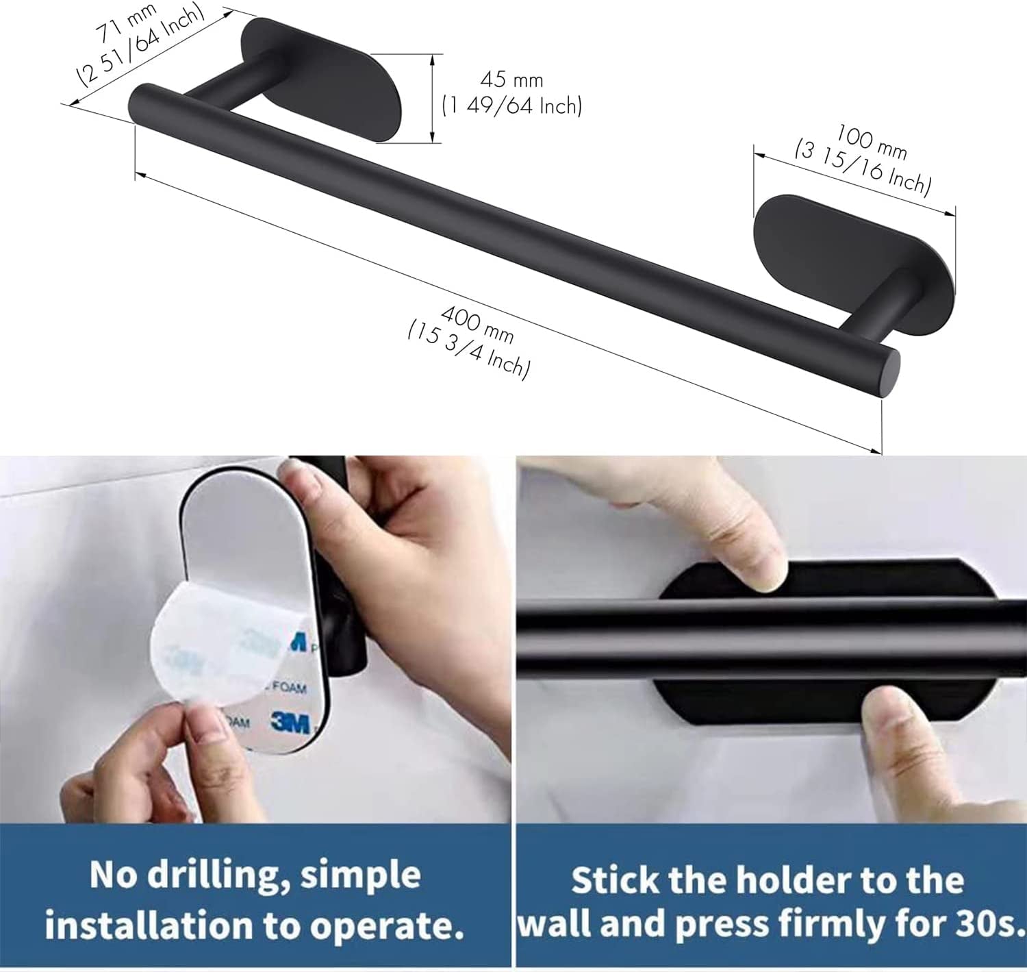 Adhesive Towel Bar,Bath Towel Bars/15.7-Inch Bathroom Towel Hanger Kitchen Storage Organizer SUS304 Stainless Steel Wall Mount (Black 5-Piece Set)