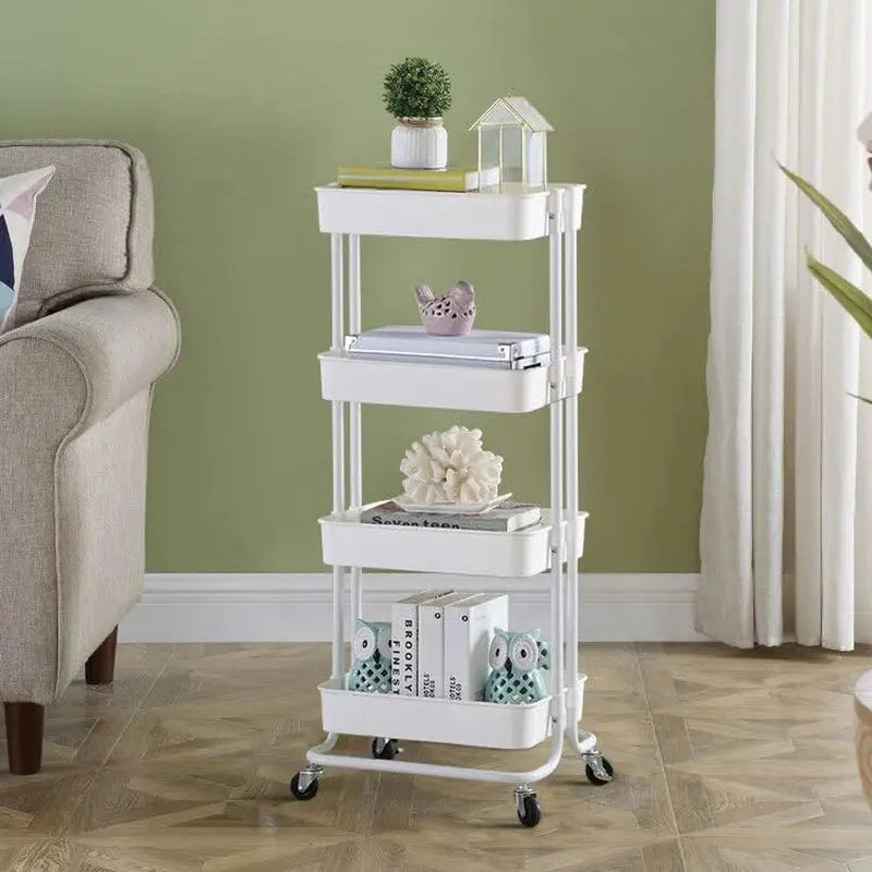 4 Tier Organizer Kitchen Moving Island with Wheels,Spice Rack Organizer with Handle Trolley,Pantry Organizer Shelf Storage Rack,Bathroom Laundry Trolley - White