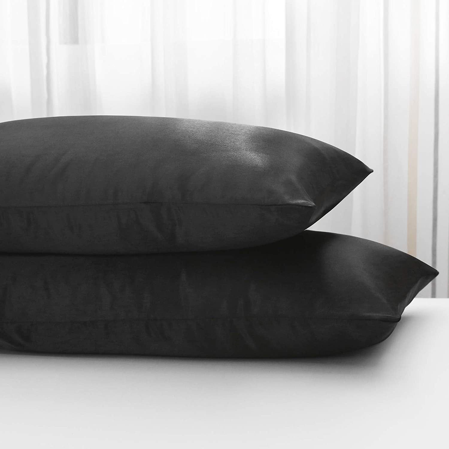 Justlinen 2 Pack Satin Pillowcase for Hair and Skin Queen Size, Satin Pillow Case with Envelope Closure Luxury Pillow Cover, Cooling Pillow Cover for Curly Hair-Soft, Breathable, Wrinkle, Fade Resistant(51X76Cm)-Black