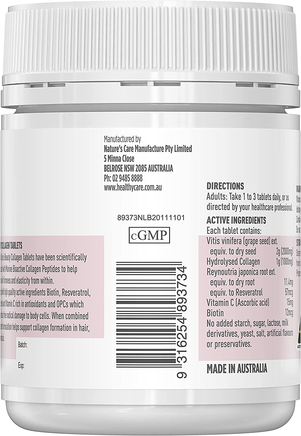 Beauty Collagen - 60 Tablets | with Bioactive Collagen Peptides, Biotin, Resveratrol, Grapeseed and Vitamin C