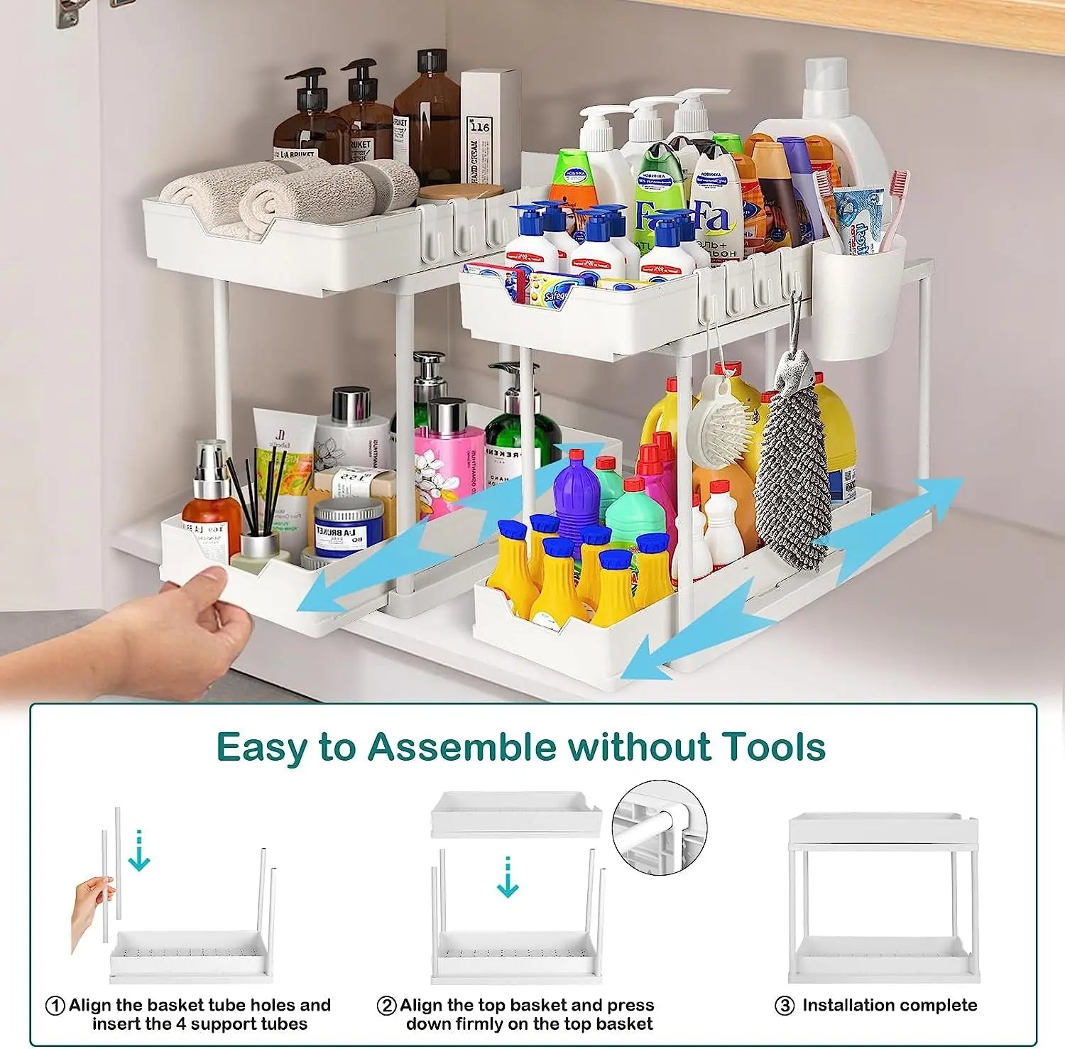 2-Tier Pull Out Sliding Drawer under Sink Storage Organiser for Kitchen Cupboard - Bathroom Organiser Sink Storage for Laundry Storage & Organisation (2 Pack)