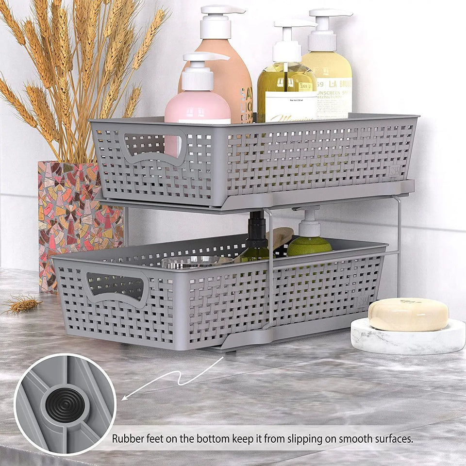 Simplehouseware 2 Tier Bathroom Organizer Tray Pull-Out Sliding Drawer/Under-Sink Storage, Grey