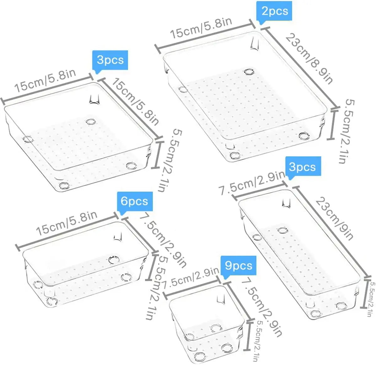 23 PCS Clear Plastic Drawer Organizers Set, 5 Different Size Bathroom and Vanity Drawer Organizer Trays, Storage Bins for Makeup, Jewelries, Kitchen Utensils and Office