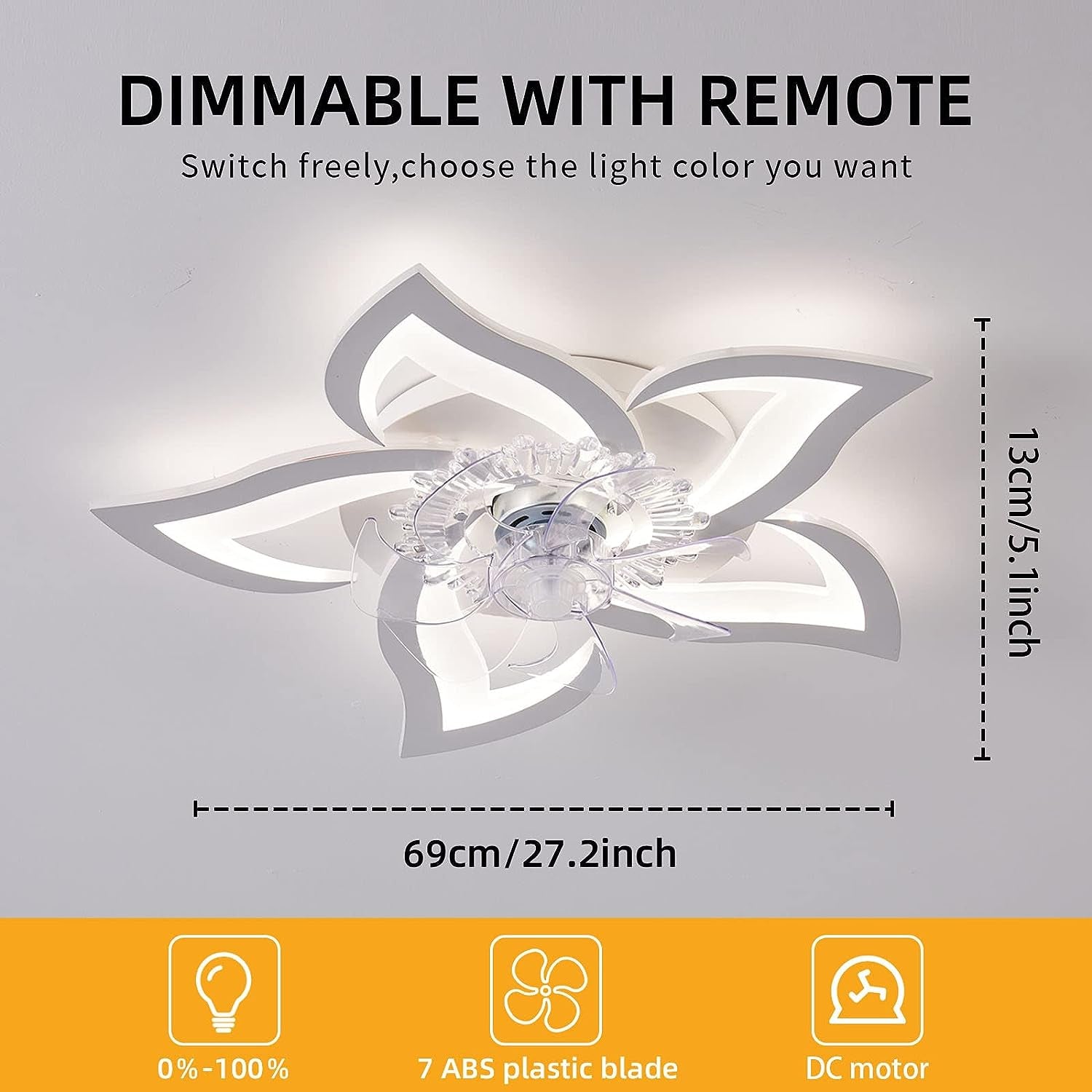 69CM Low Profile Ceiling Fans with Lights and Remote/App Control,3 Light Color Changes，6 Wind Speed Modes,Flush Mount Ceiling Fan Light,Modern Ceiling Light with Fan for Bedroom/Study/Office