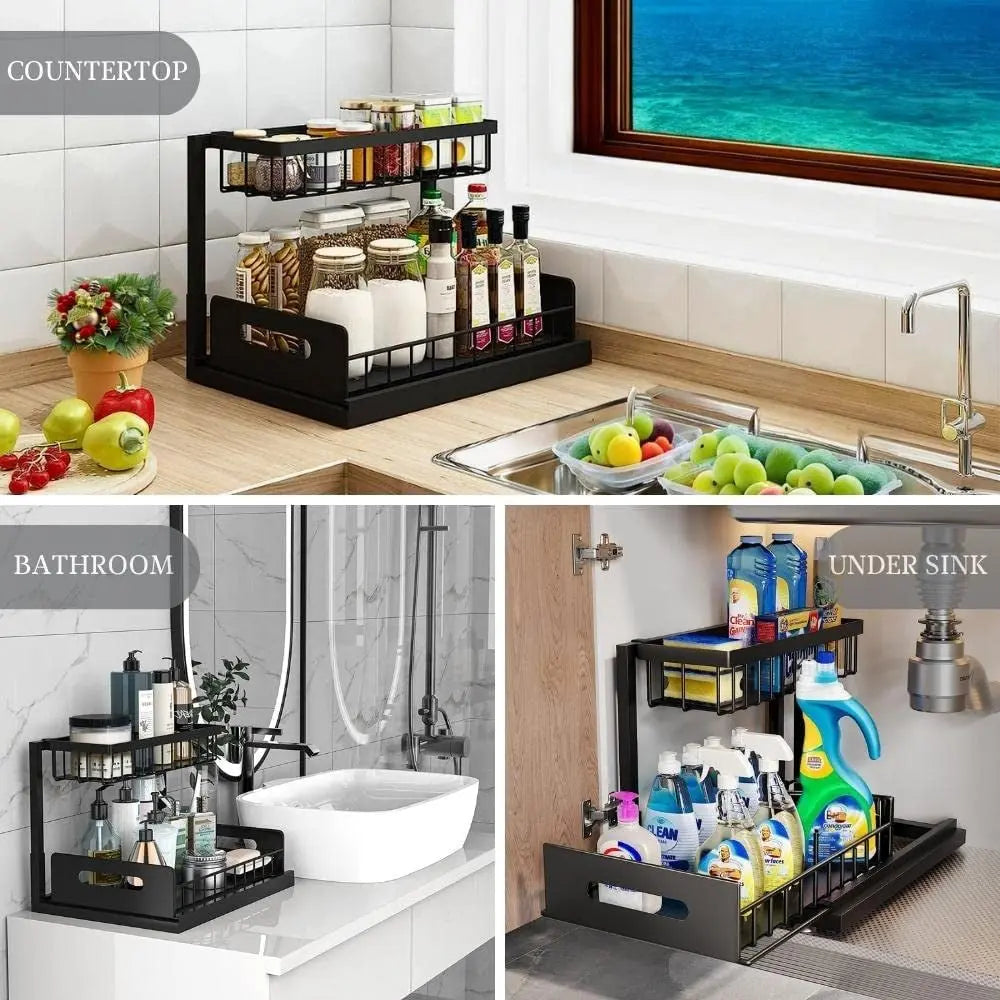 2 Tier under Sink Organiser, Sliding Cabinet Drawer Storage with Non-Slip Pads, Home Kitchen Pantry Bathroom Basket Storage Organiser Pull Out Bins, under Sink Shelf Caddy Storage Organisation (Metal - Black)