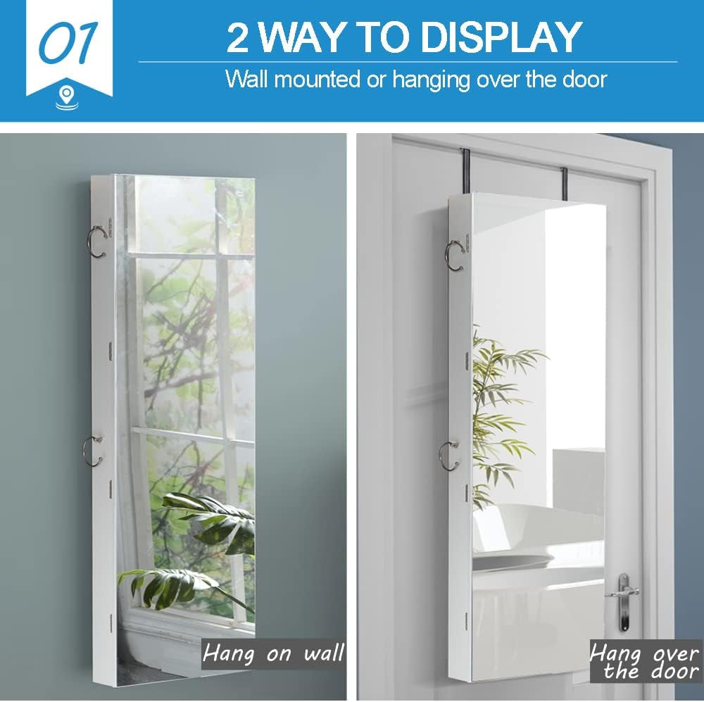 Dual Use Wall Mounted Hang over Mirror Jewellery Cabinet LED Light White