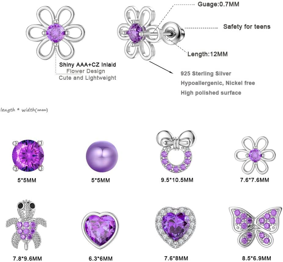 8 Pairs Hypoallergenic Earrings 925 Sterling Silver Stud Earrings Heart CZ Tiny Butterfly for Kids, Toddlers, Little Girls, Teens, Women