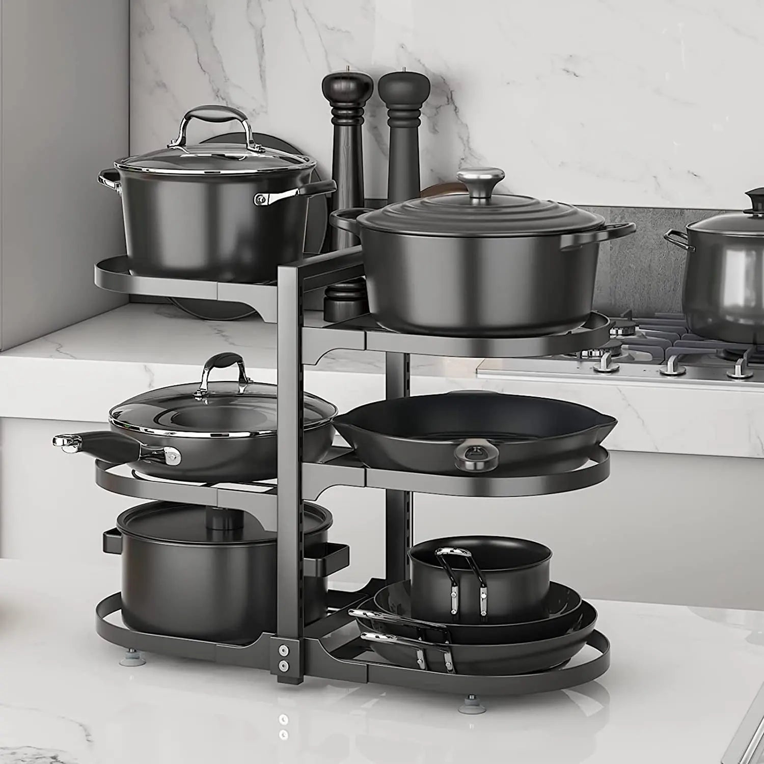 6 Tier Pot Rack,Pan Organizer for Cabinet or Countertop, Adjustable Pot Organizer under Cabinets Pot Rack, Pot Organizer for Kitchen Organization and Storage, Cabinet Organizer,Black