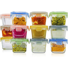 Load image into Gallery viewer, Glass Baby Food Storage Containers with Lids | Set of 12 | 5 oz Glass Food Containers, Freezer Storage, Reusable, Microwave &amp; Dishwasher Safe
