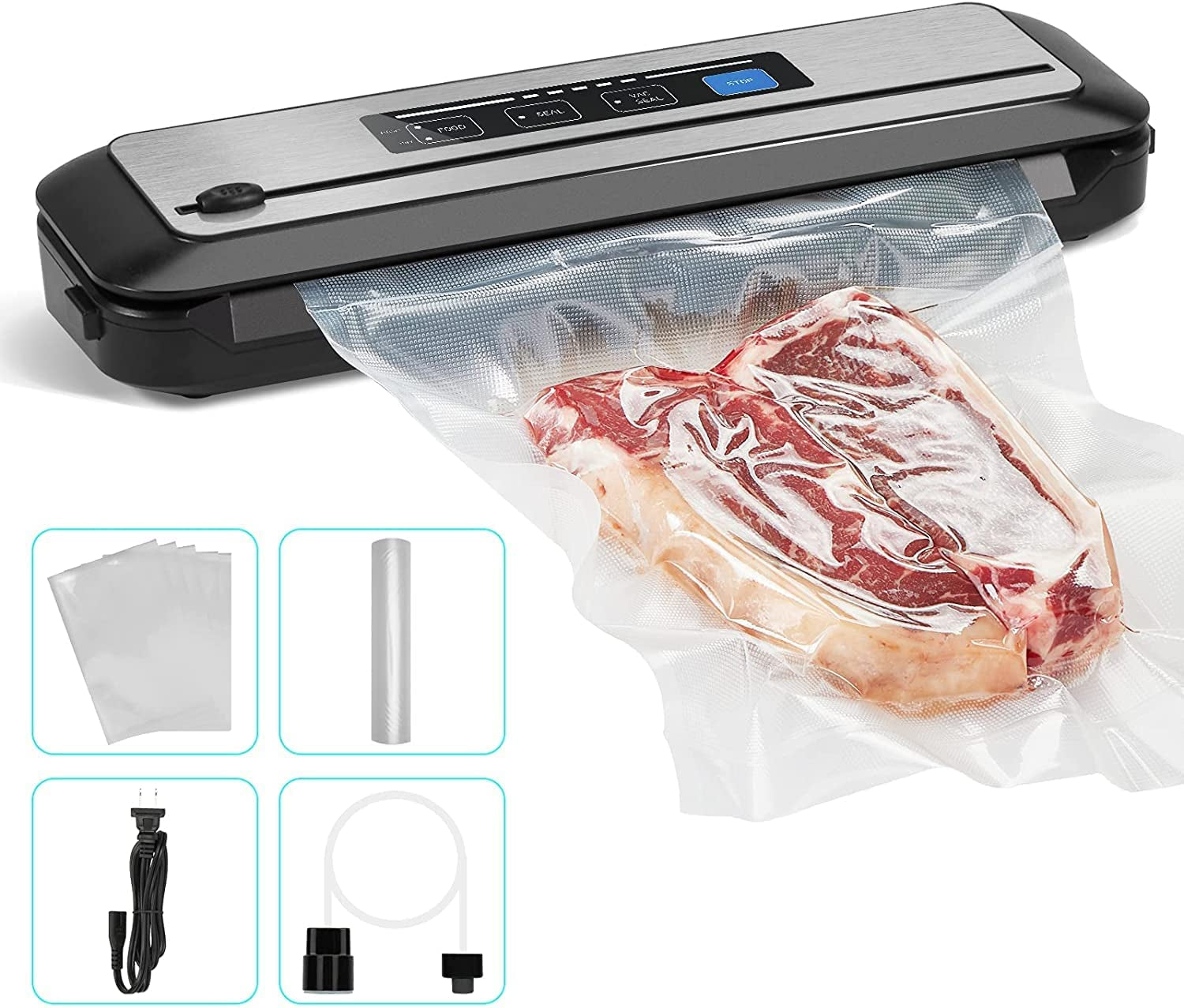 Vacuum Sealer Automatic Sealing Machine for Food Preservation Dry Moist Sealing Modes with Built-In Cutter Starter Kit Easy Cleaning Stainless Steel Panel Compact Design Led Indicator Lights
